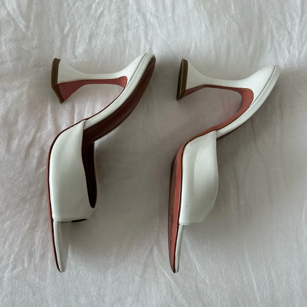 Amina Muaddi White Pointed Heel Patent Leather Mules Sandal Block Heels Wedding - Picture 11 of 12